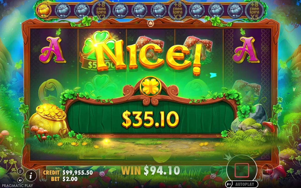 NICE! win screen shows $35.10 collected, WIN $94.10 total, forest background and pot of gold