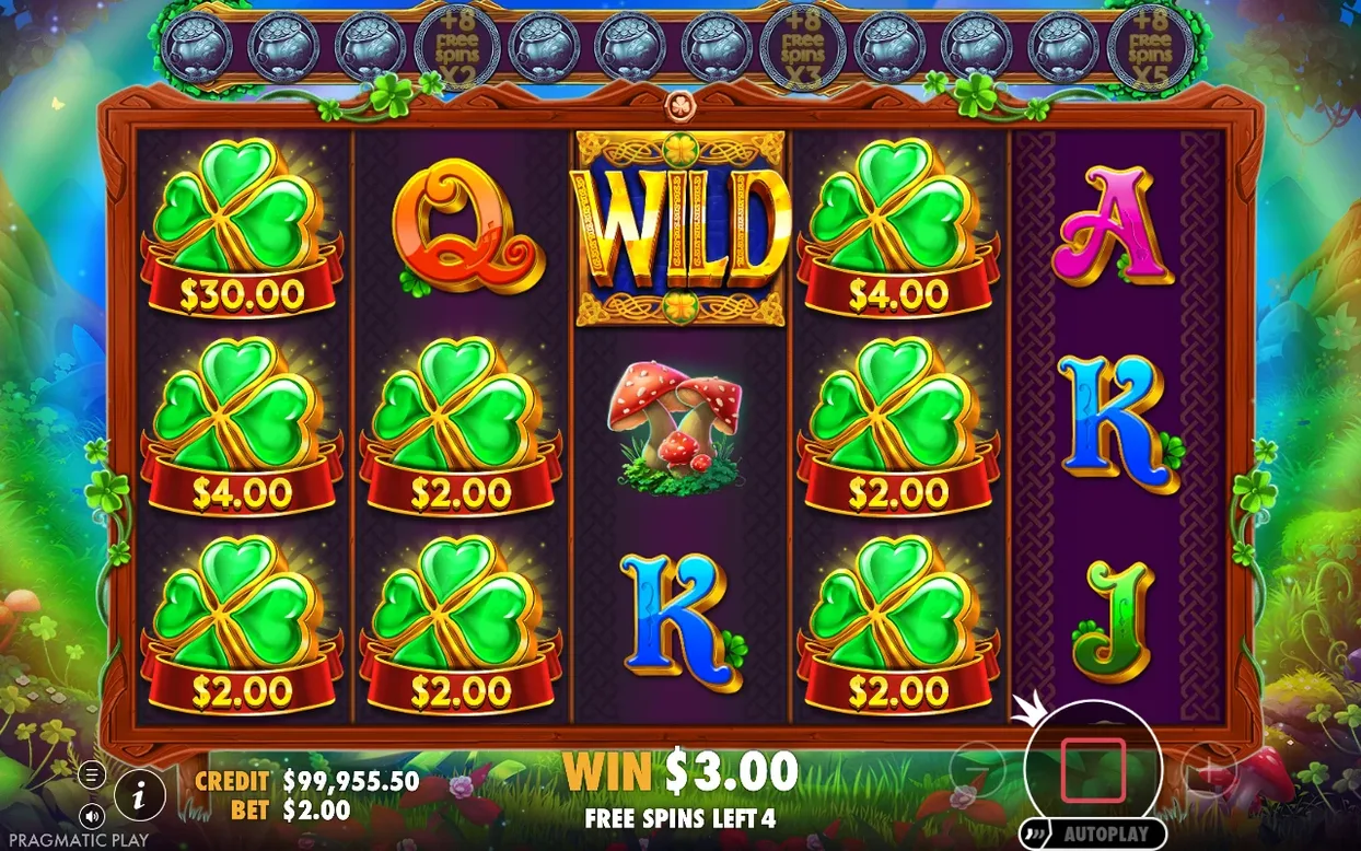 Free Spins purple reels with stacked clover money symbols, WILD tile, WIN $3.00, Free Spins Left 4