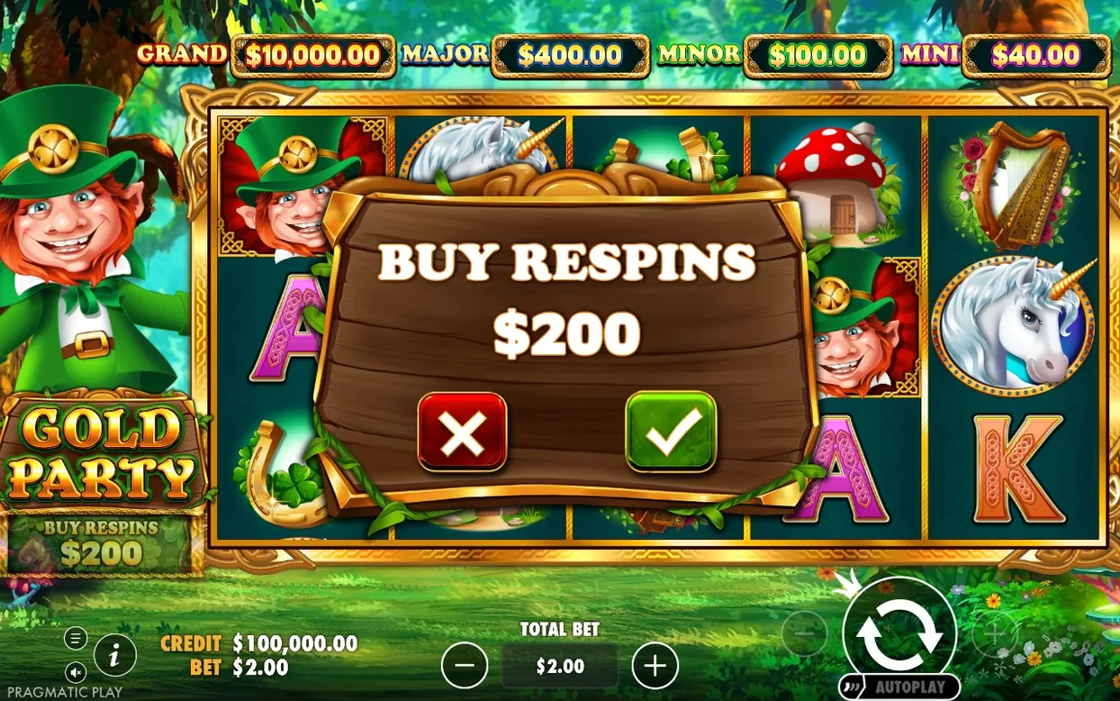 Buy Respins popup for $200 with checkmark and X buttons over the reels, jackpots shown at top