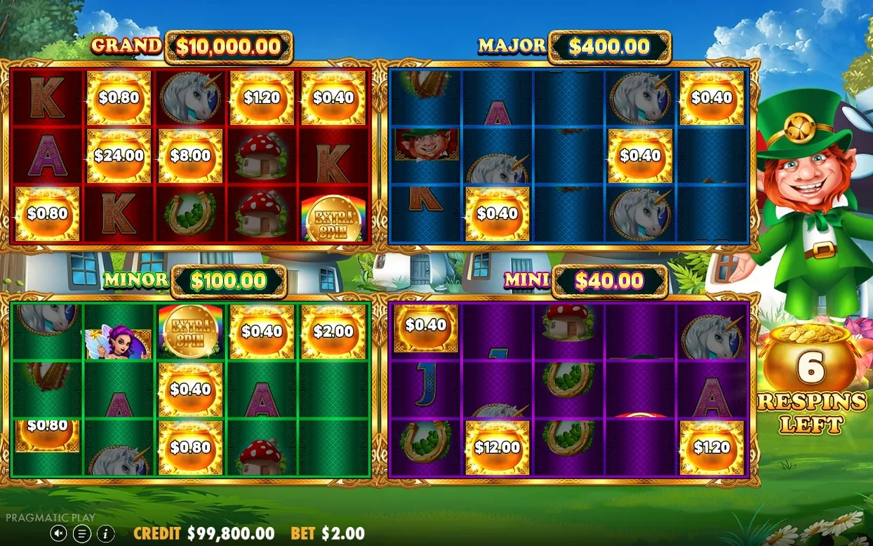 Four jackpot grids in progress, GRAND red, MAJOR blue, MINOR green, MINI purple, 6 RESPINS LEFT beside leprechaun