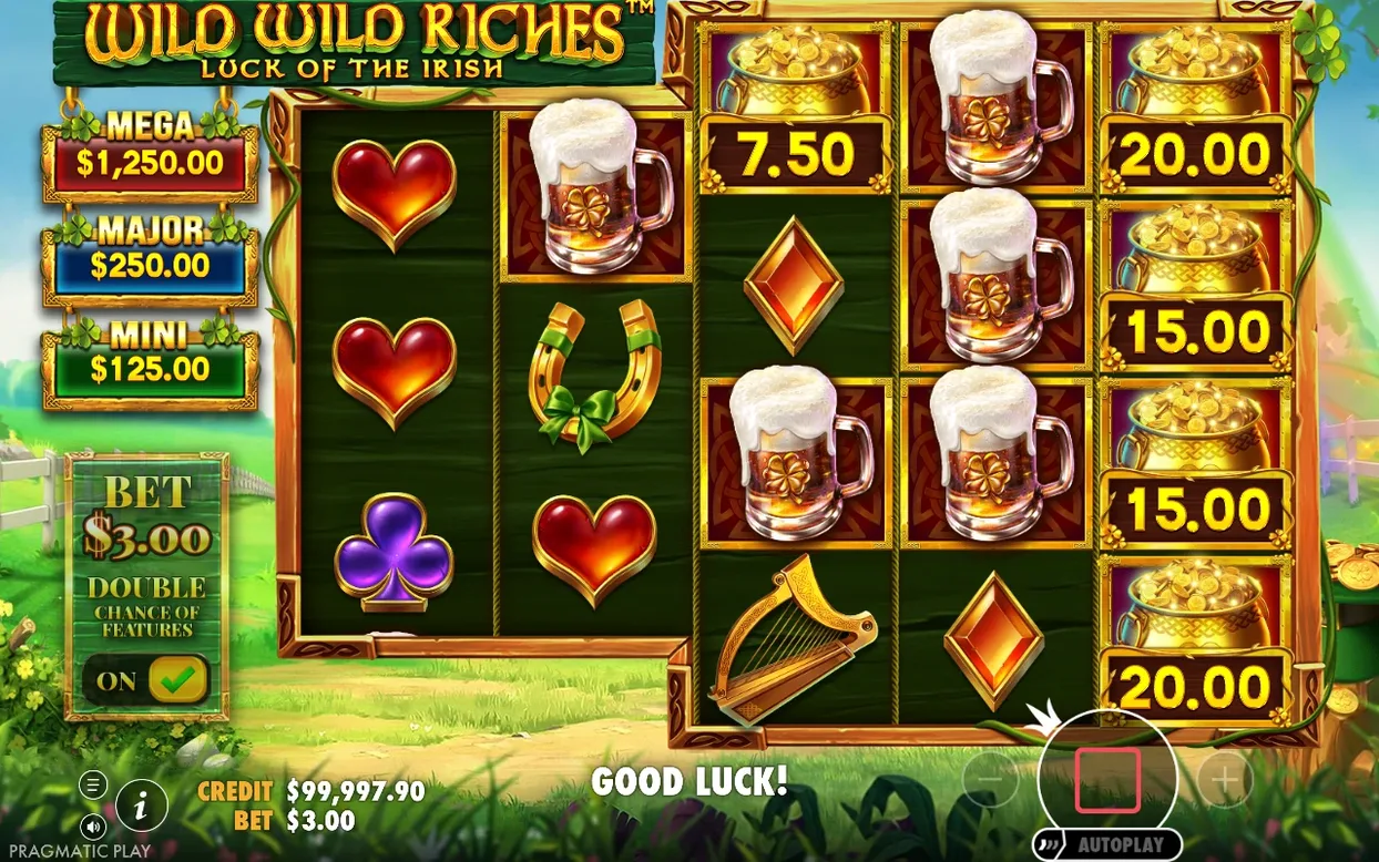 Beer mug, heart and horseshoe symbols fill the reels beside Money Symbols reading $15.00 and $20.00