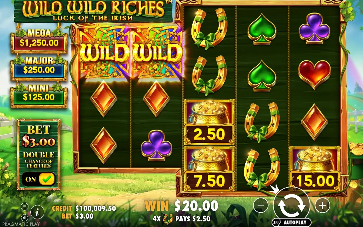 Reels show WILD WILD banner with Money Symbols worth $2.50, $7.50 and $15.00, WIN $20.00 shown