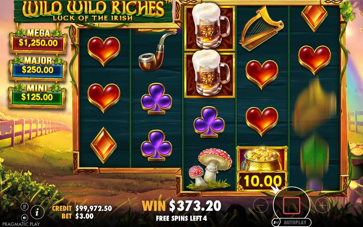 Free spins reels with hearts, clubs, beer mug and a $10.00 Money Symbol, WIN $373.20, Free Spins Left 4